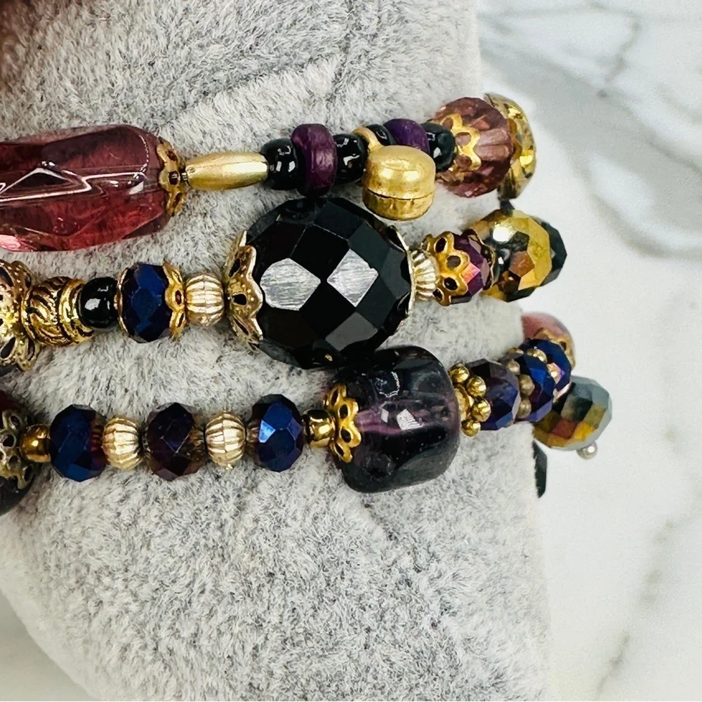 Glass & Stone Wrap Bracelet Faceted Aurora Borealis Beads Purple Black Gold Glam